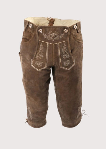 Men's Brown Bundhosen With Oak Motif with heritage embroidery, traditional Bavarian craftsmanship, knee-length Oktoberfest leather pants