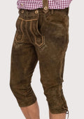 Brown goatskin suede Bundhosen with suspenders, embroidered front panel, and authentic Oktoberfest styling