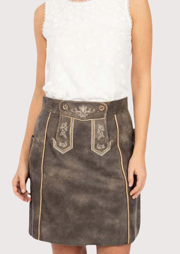 Grey leather Trachten skirt for women with floral embroidery, contrast piping, and a stylish Alpine-inspired silhouette.