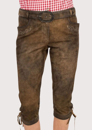 Brown Leather Belted Bundhosen Set with traditional belt, embroidered trim, and elegant German folk styling.