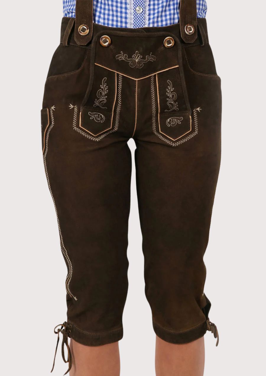 Brown Leather Bundhosen Suspenderswith dark brown finish, embroidered suspenders, and classic Bavarian heritage design.