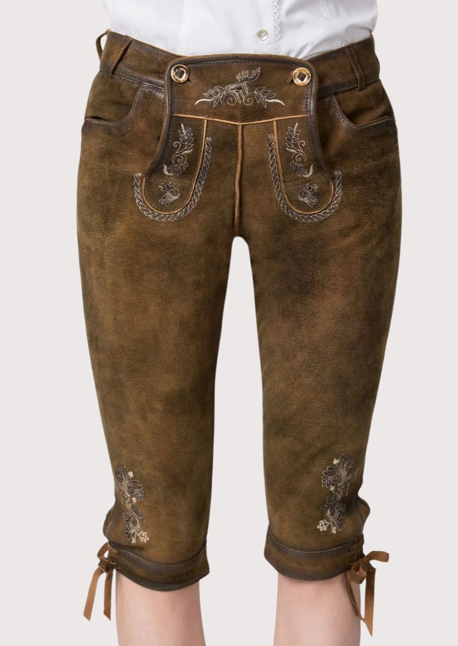 Brown Leather Floral Bundhosen Women crafted from suede leather with embroidered accents and classic German folk styling.