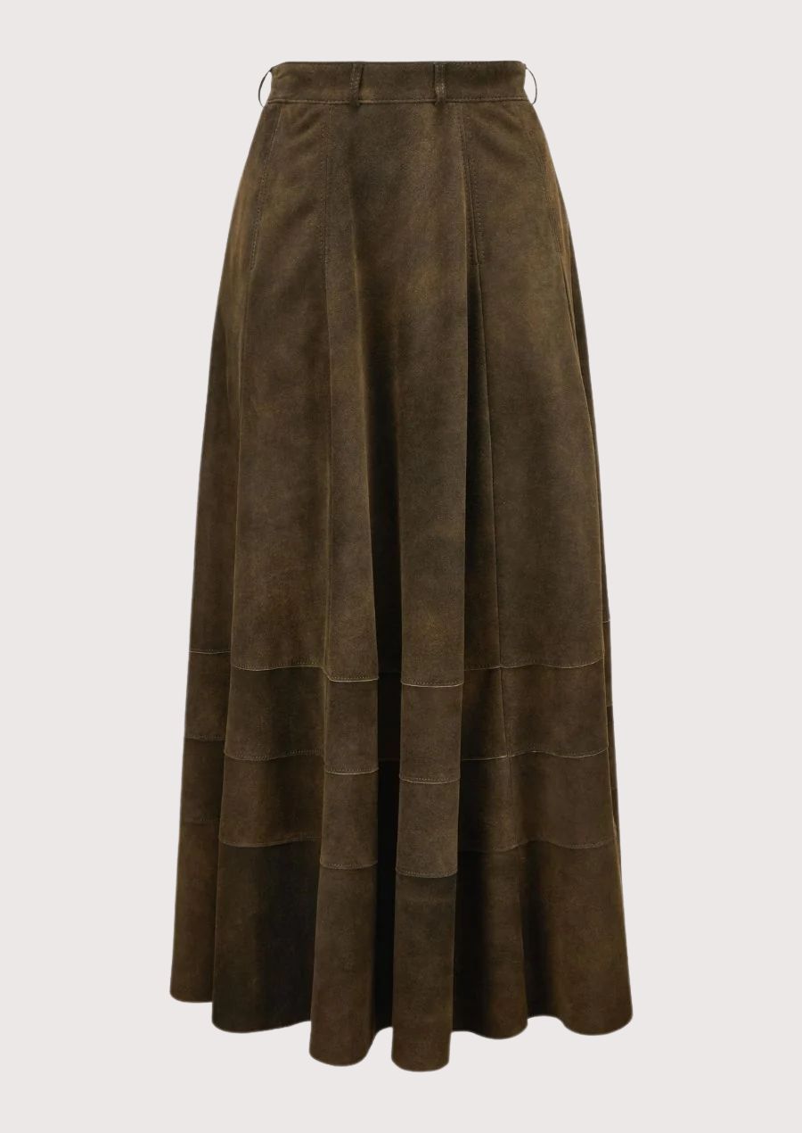 Brown Leather Trachten maxi skirt with elegant drape, full-length design, and refined tailoring.