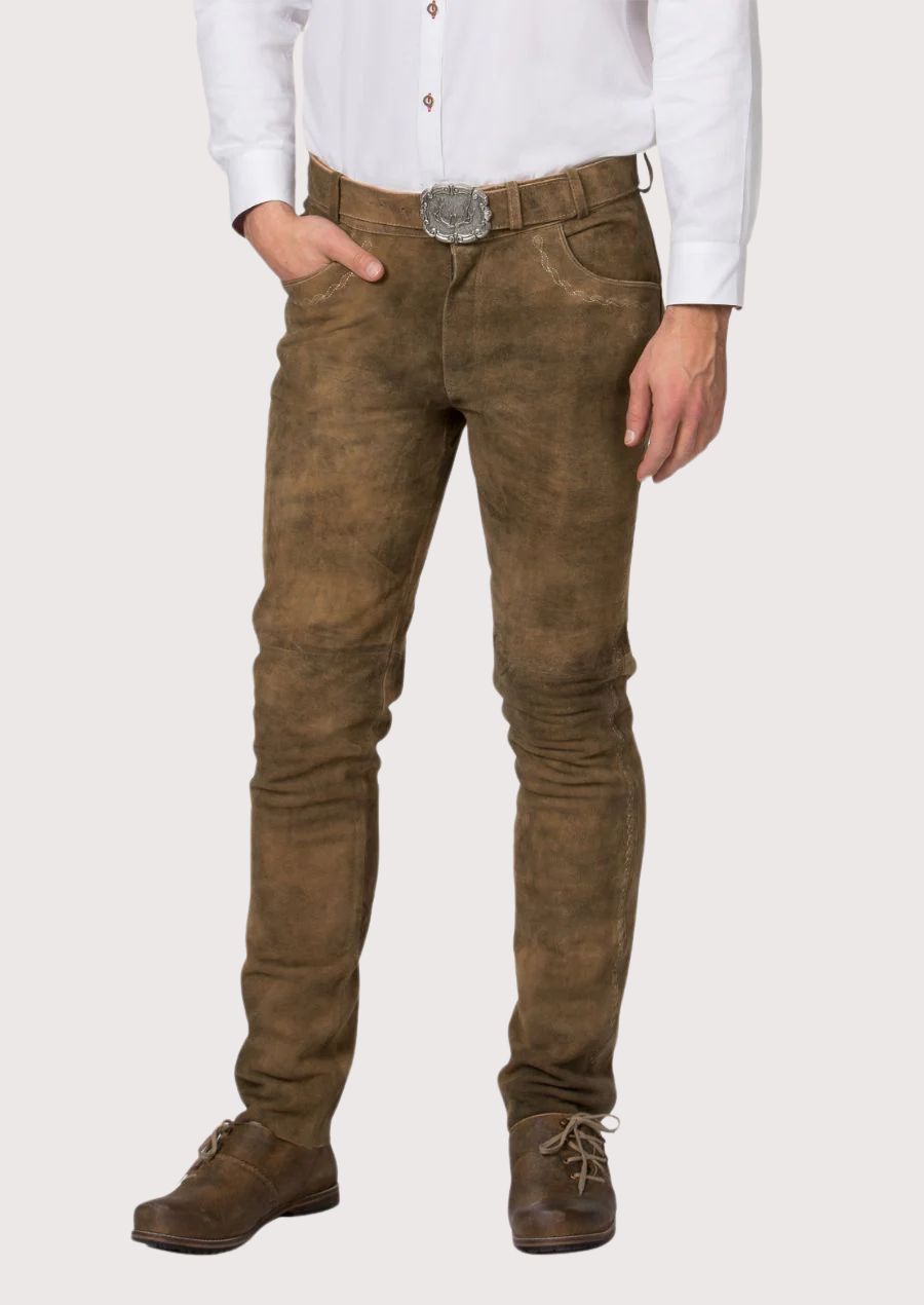 Brown leather Trachten pants for men featuring a slim fit silhouette, rustic suede texture, and traditional Bavarian styling