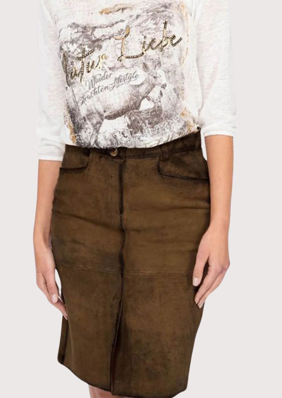  Brown Leather Trachten Skirt for women featuring a sleek pencil silhouette, clean lines, and premium leather construction.