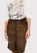  Brown Leather Trachten Skirt for women featuring a sleek pencil silhouette, clean lines, and premium leather construction.