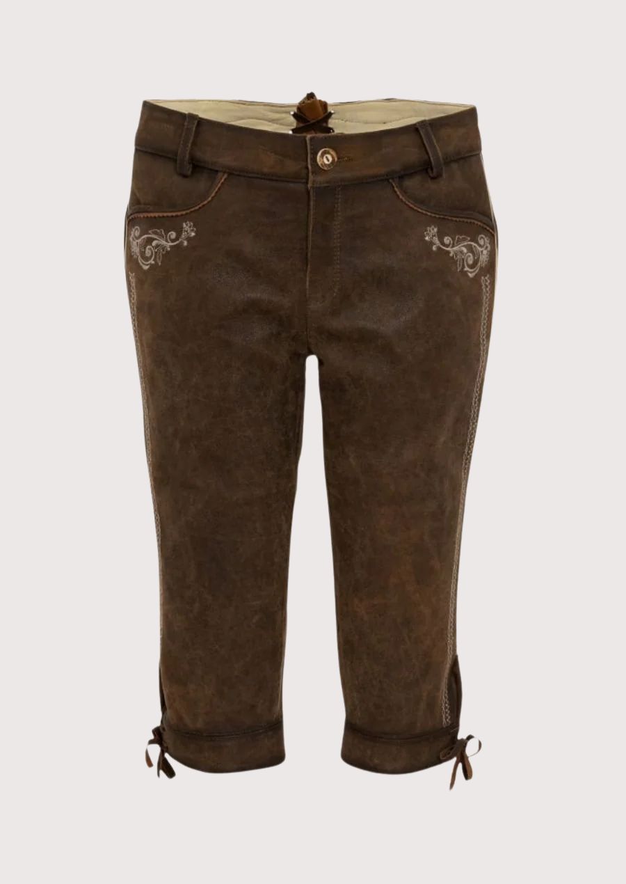 Brown Leather Women's Bundhosen with clean back design, embroidery, and traditional German styling.