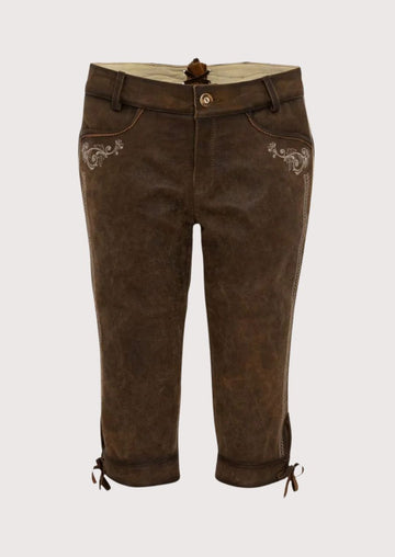 Brown Leather Women's Bundhosen with clean back design, embroidery, and traditional German styling.