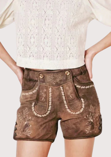 Brown Lederhosen Heart Detail Suede featuring cream embroidery, suede leather construction, and Alpine heritage styling.
