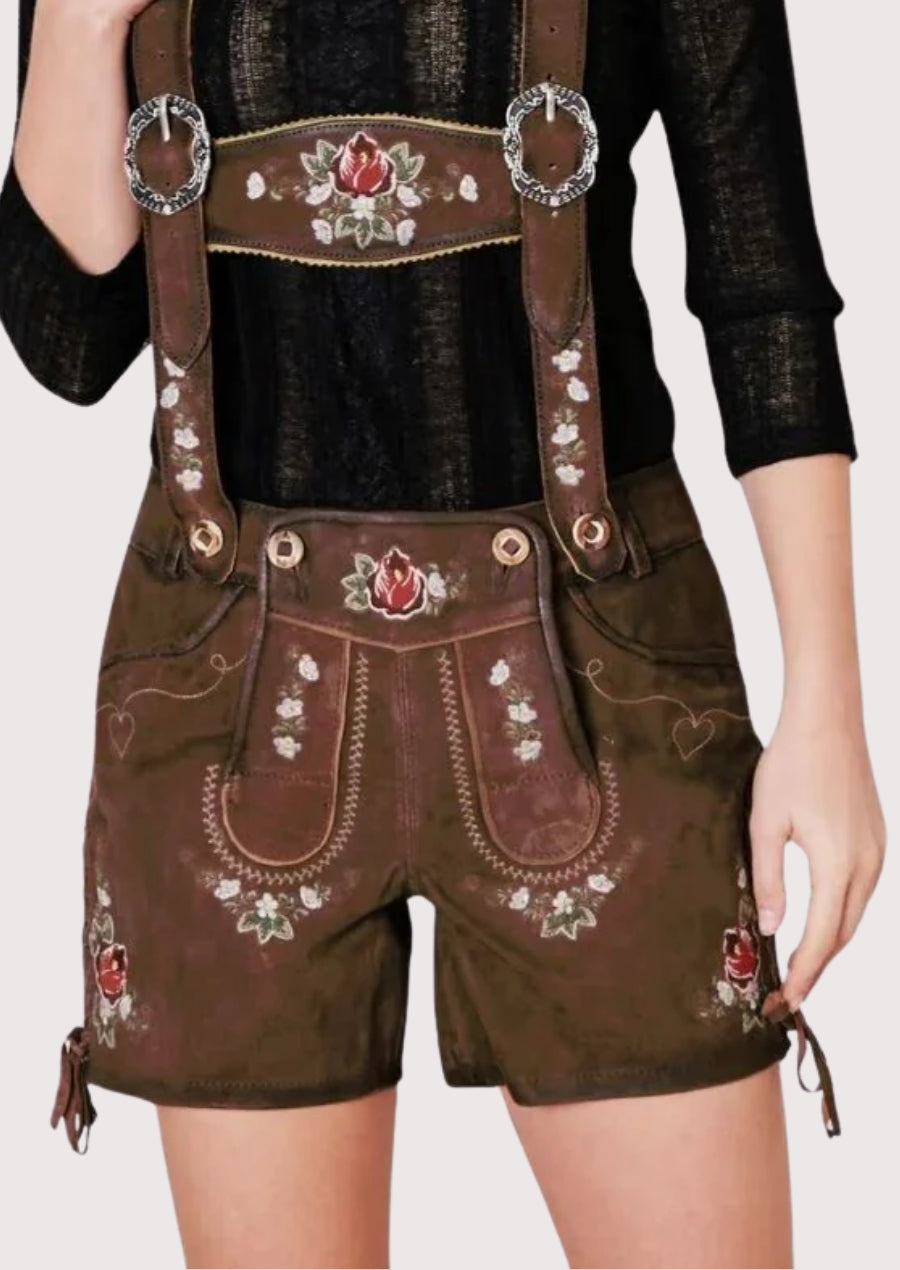 Brown Lederhosen Rose Garden Suede with rose detailing, premium suede texture, and traditional lederhosen construction.