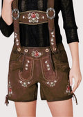 Brown Lederhosen Rose Garden Suede with rose detailing, premium suede texture, and traditional lederhosen construction.