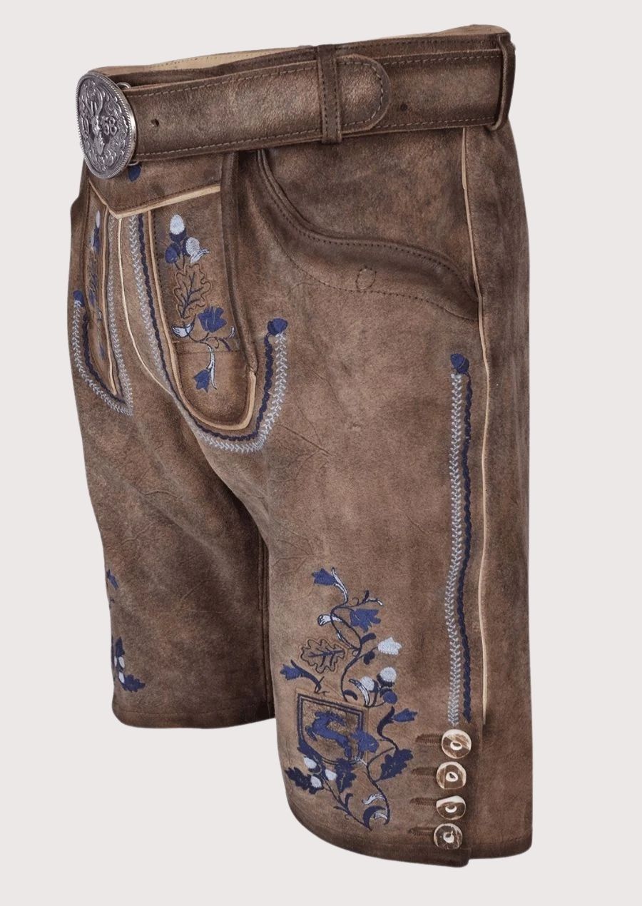 mocha suede lederhosen floral motif with elegant blue floral embroidery, decorative belt buckle, and Alpine character