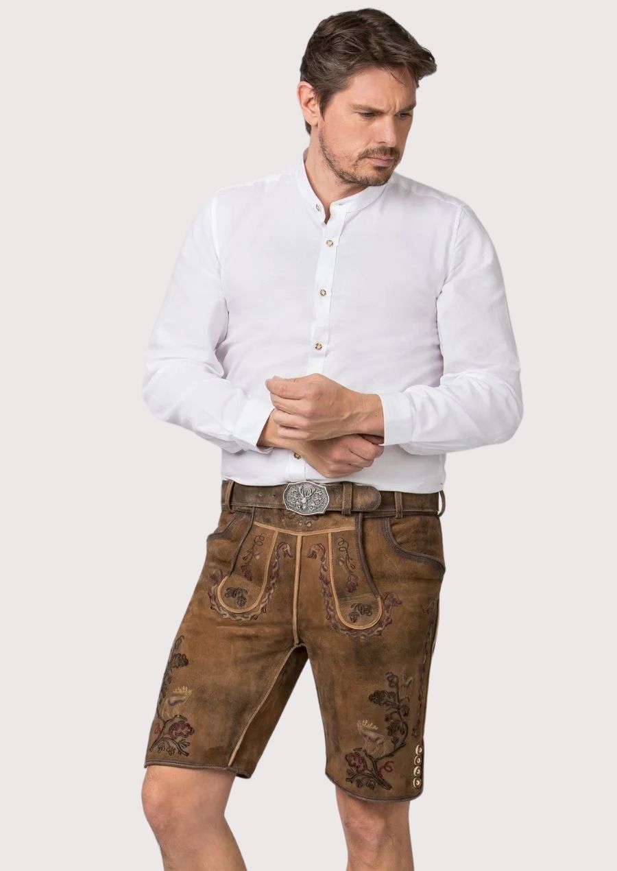 Brown goatskin suede lederhosen featuring burgundy embroidery, deer motifs and authentic Bavarian styling