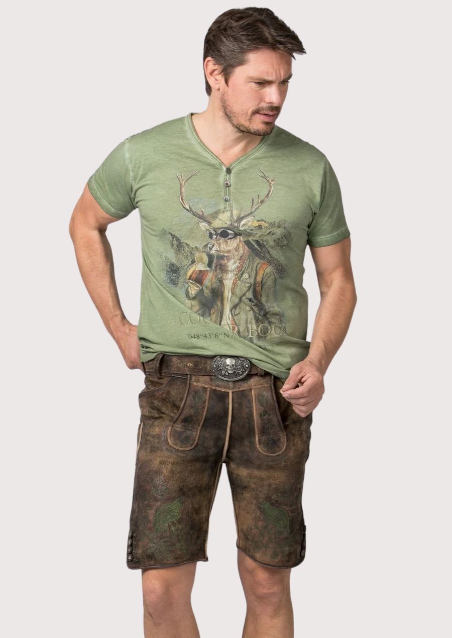 Distressed brown goatskin suede lederhosen featuring dark green wildlife embroidery and rustic Bavarian styling