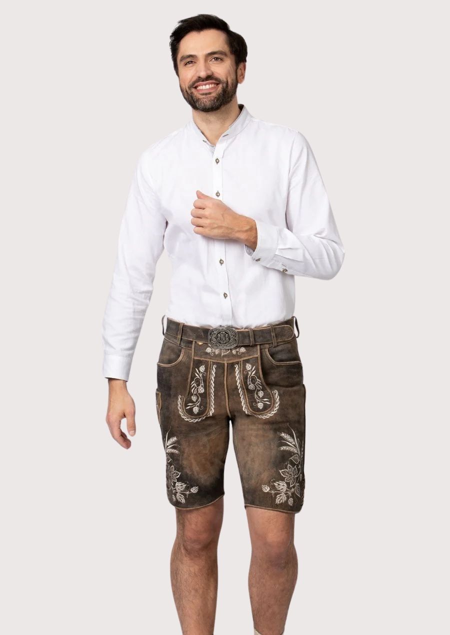 edelweiss suede lederhosen in brown shorts with floral embroidery, premium suede and traditional detailing