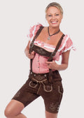 Brown suede Bavarian lederhosen for women featuring embroidered detailing, adjustable suspenders, and Alpine heritage design.