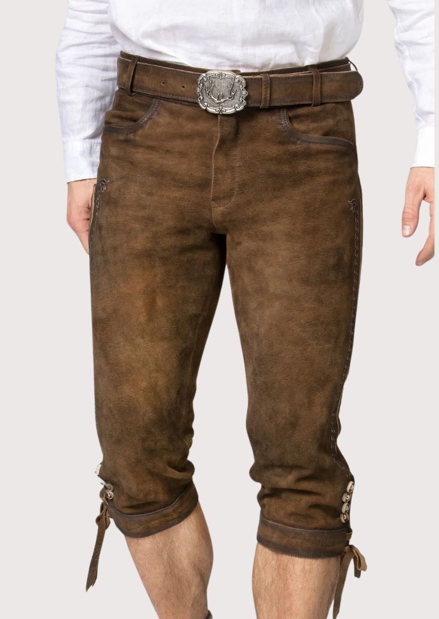Handcrafted Brown Suede Bundhosen Classic Fit pants featuring premium goatskin suede, knee ties, and authentic Bavarian construction