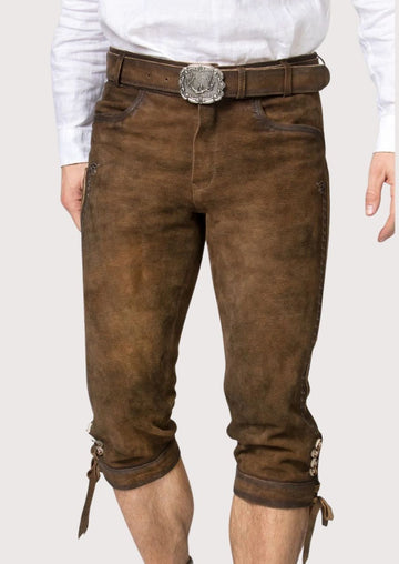 Handcrafted Brown Suede Bundhosen Classic Fit pants featuring premium goatskin suede, knee ties, and authentic Bavarian construction