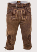 Men's Brown Suede Bundhosen Oak Leaf with embroidered front flap, traditional Bavarian craftsmanship, Alpine heritage styling, and Oktoberfest fashion