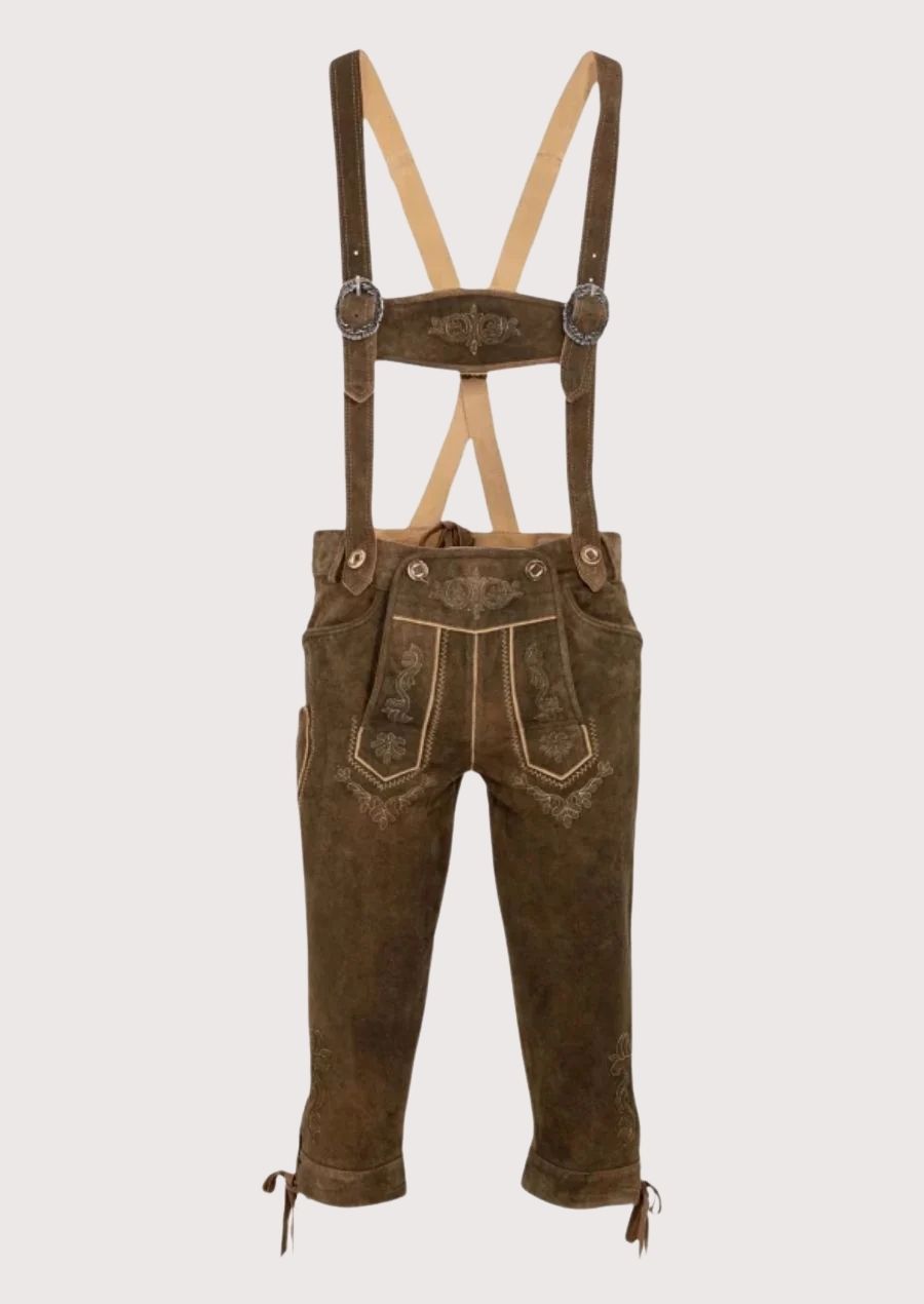 Brown Suede Bundhosen with Braces pants with decorative stitching, suspenders, and authentic German design
