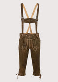 Brown Suede Bundhosen with Braces pants with decorative stitching, suspenders, and authentic German design