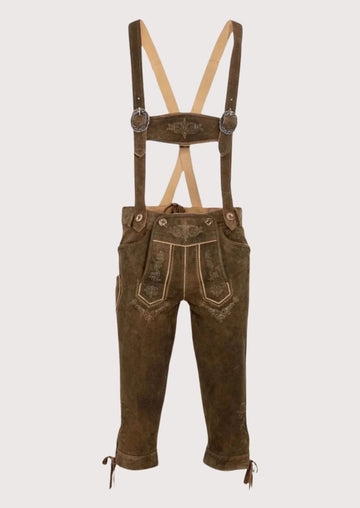 Brown Suede Bundhosen with Braces pants with decorative stitching, suspenders, and authentic German design