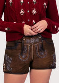 Heritage embroidered lederhosen for women crafted from brown suede leather with authentic German folk-inspired details.
