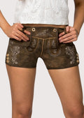 Brown Suede Lederhosen Alpine Vine with traditional embroidery, vintage suede finish, and Alpine styling.