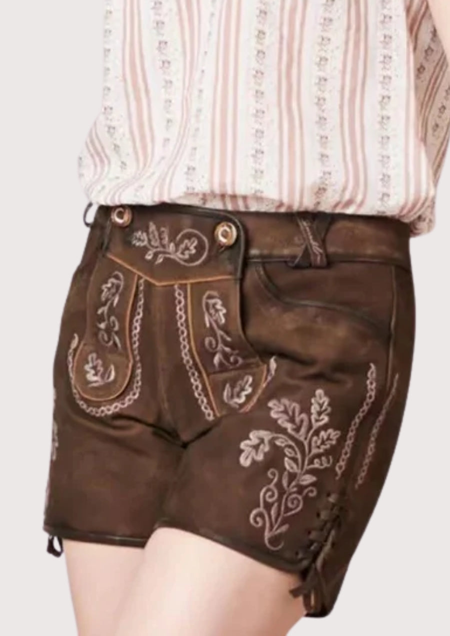 Brown Suede Lederhosen Oak Embroidery with embroidered accents, authentic Bavarian details, and classic Alpine fashion.