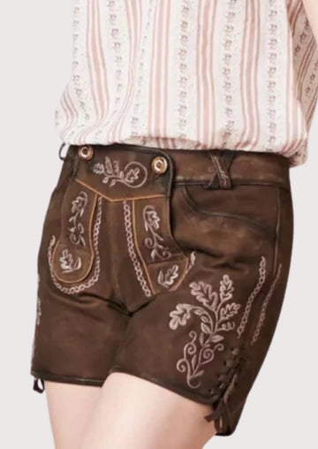 Brown Suede Lederhosen Oak Embroidery with embroidered accents, authentic Bavarian details, and classic Alpine fashion.