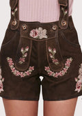 Brown Suede Lederhosen Pink Roses, embroidered suspenders, and traditional Oktoberfest character.