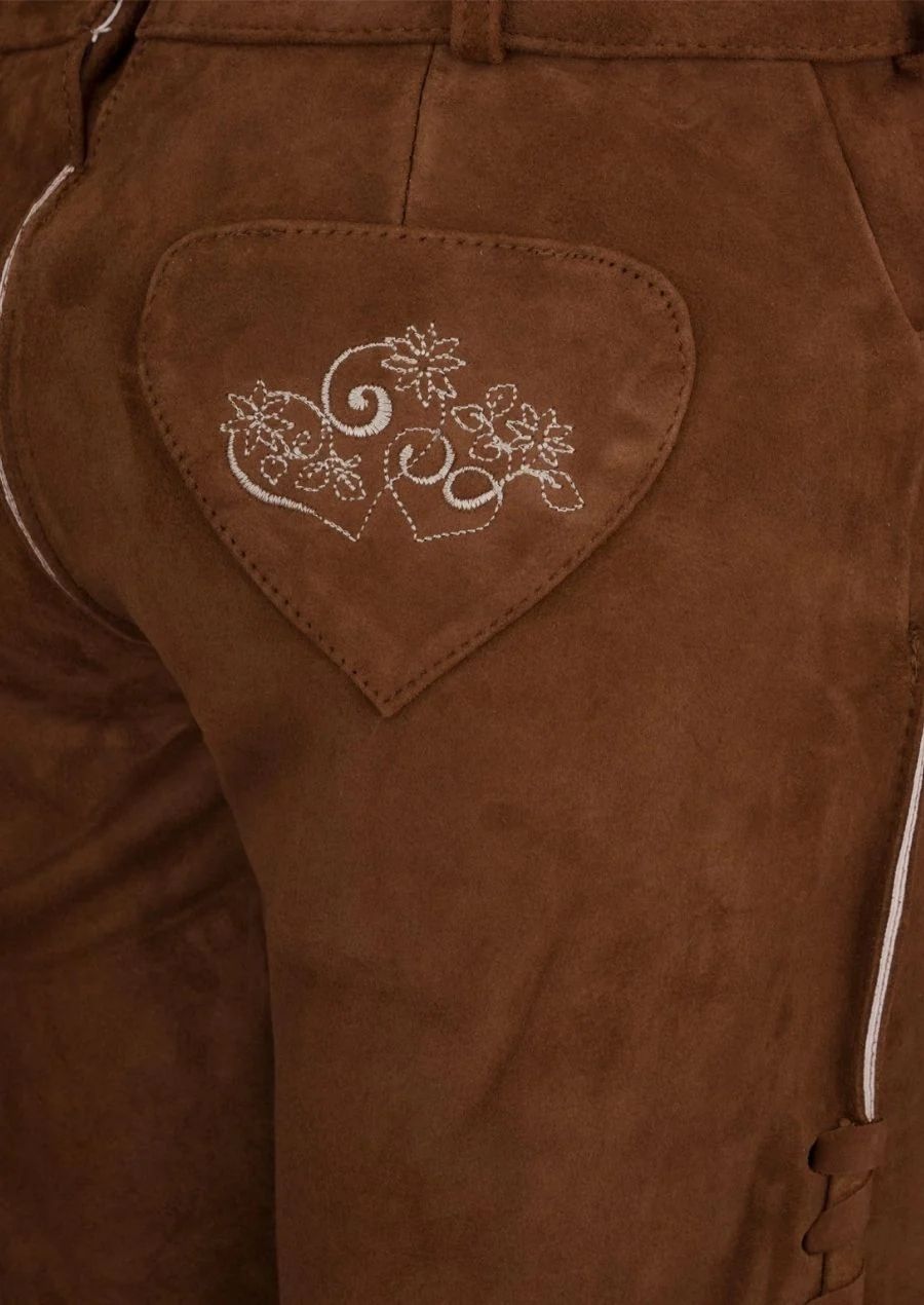 Brown suede lederhosen shorts featuring floral embroidery and traditional front flap