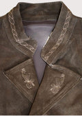 Brown suede lederhosen vest featuring alpine embroidery and metal buttons