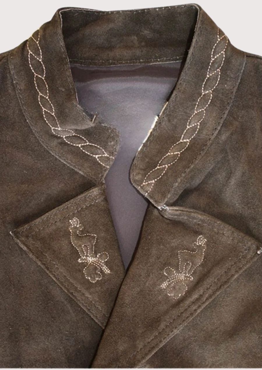 Brown suede lederhosen vest featuring alpine embroidery and metal buttons