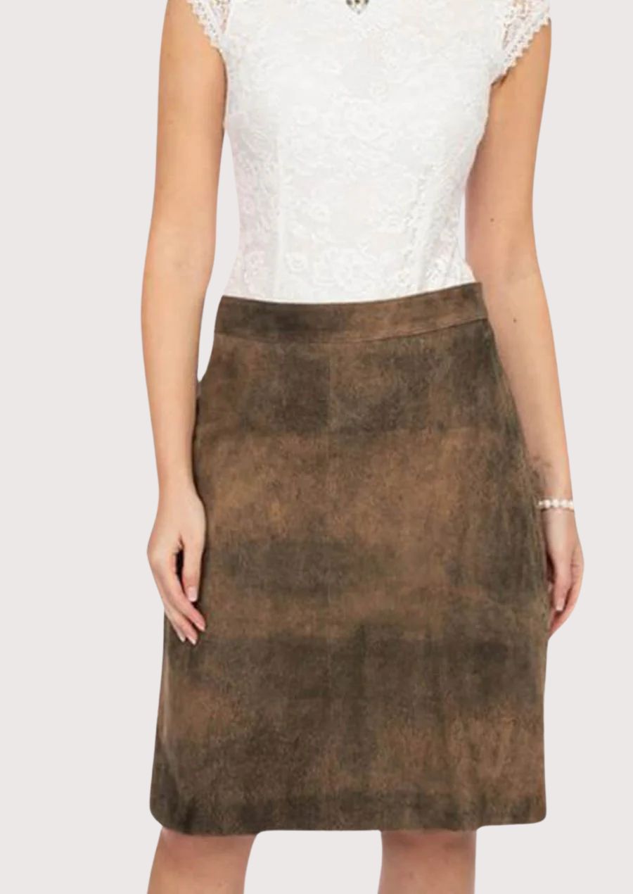 Brown Suede Trachten Skirt with a knee-length A-line silhouette, premium leather construction, and elegant appeal.