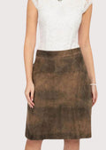 Brown Suede Trachten Skirt with a knee-length A-line silhouette, premium leather construction, and elegant appeal.