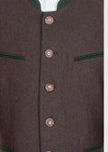 Brown Trachten jacket for men with green piping, stand collar, metal buttons, and traditional Bavarian design.