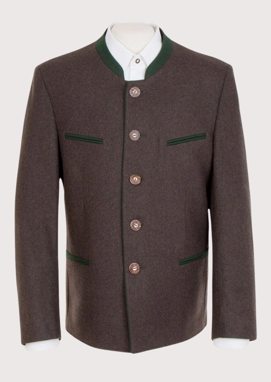 Brown Wool Trachten Jacket Green Trim with green stand collar, Bavarian wool jacket, traditional German Oktoberfest jacket, Alpine heritage blazer, authentic Trachten clothing, classic Tyrolean menswear.