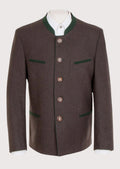 Brown Wool Trachten Jacket Green Trim with green stand collar, Bavarian wool jacket, traditional German Oktoberfest jacket, Alpine heritage blazer, authentic Trachten clothing, classic Tyrolean menswear.
