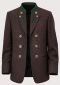 Men's Brown Wool Trachten Jacket Oak Trim with green embroidered lapels, silver buttons, Bavarian blazer, traditional German jacket, Alpine formalwear, Oktoberfest outfit, lederhosen suspenders, premium heritage menswear, and authentic Bavarian clothing