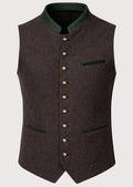 Brown Wool Trachten Vest with green trim, premium Bavarian waistcoat, stand collar, decorative metal buttons, checkered shirt, traditional German Oktoberfest clothing.