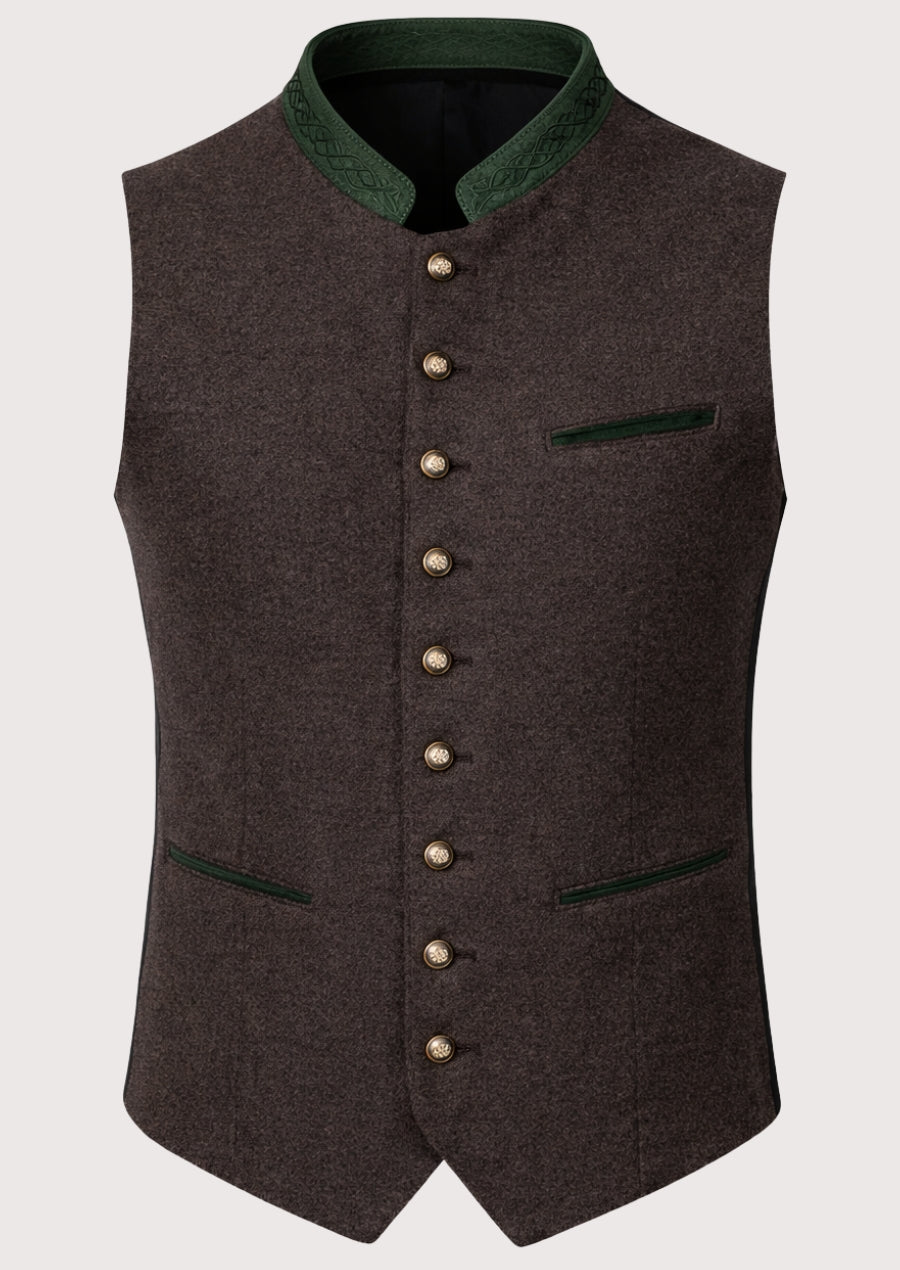 Brown Wool Trachten Vest with green trim, premium Bavarian waistcoat, stand collar, decorative metal buttons, checkered shirt, traditional German Oktoberfest clothing.