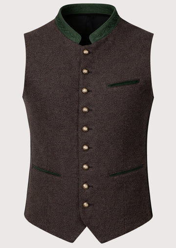 Brown Wool Trachten Vest with green trim, premium Bavarian waistcoat, stand collar, decorative metal buttons, checkered shirt, traditional German Oktoberfest clothing.