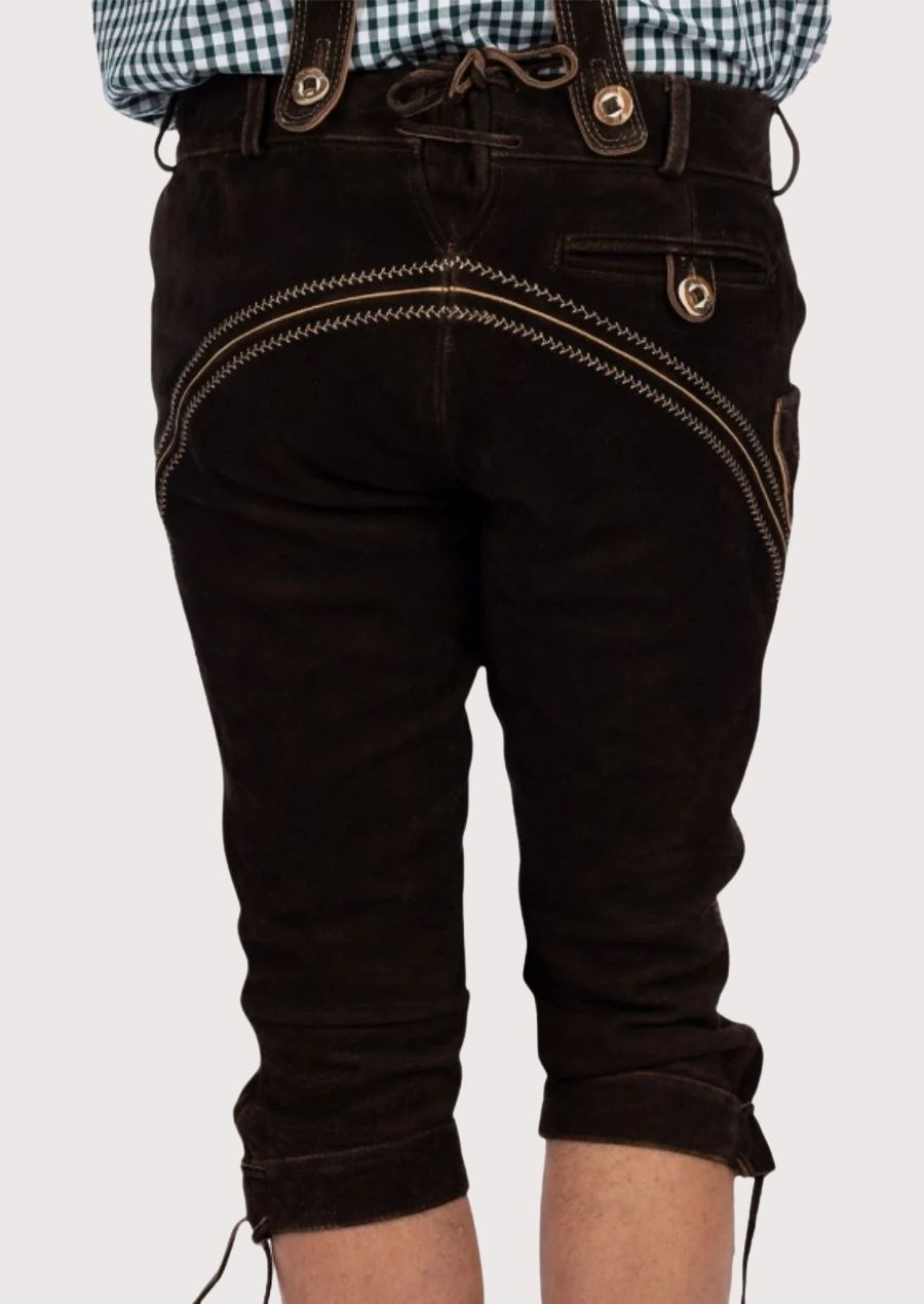 Authentic Bavarian men’s Bundhosen with floral embroidery and premium suede leather, ideal for Oktoberfest, beer festivals, and other traditional cultural events.