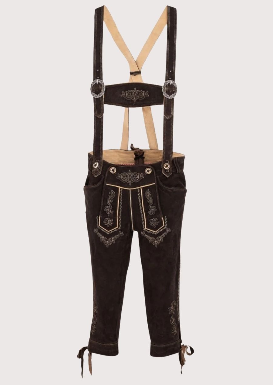 Men’s Bundhosen crafted from premium suede leather with floral embroidery, perfect for Oktoberfest, beer festivals, and Bavarian cultural celebrations.