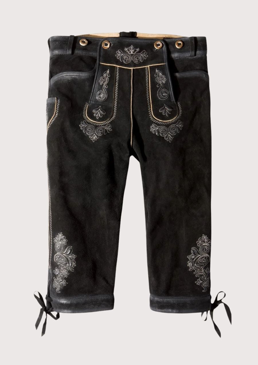 Authentic Bavarian Bundhosen for men with embroidered details, suede leather fabric, and adjustable suspenders, ideal for Oktoberfest and cultural celebrations.
