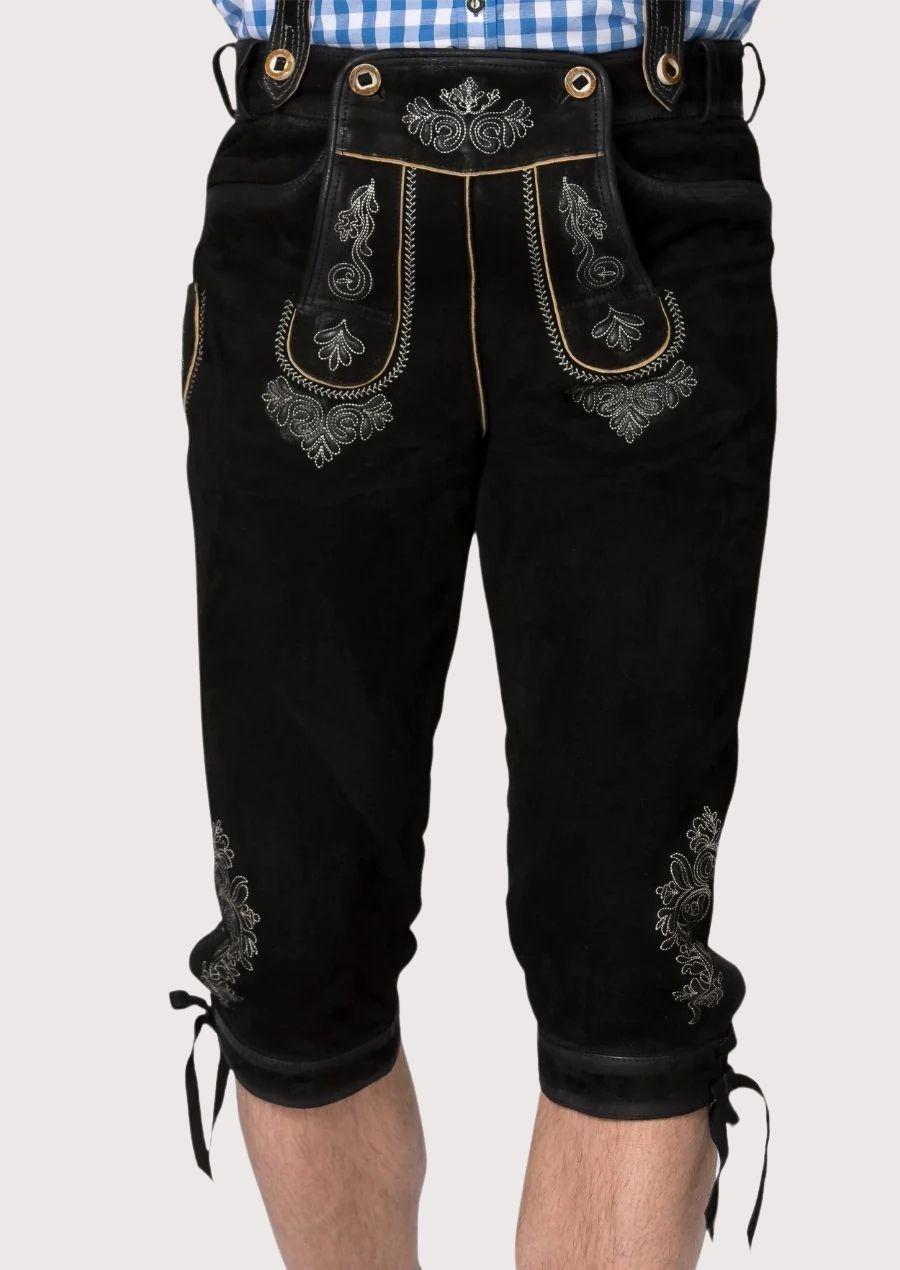 Classic men’s Bundhosen crafted from soft suede leather with intricate floral embroidery, perfect for Oktoberfest, beer festivals, and outdoor events.