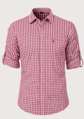 Burgundy gingham Trachten shirt for men, premium cotton Bavarian shirt, red check Oktoberfest shirt, German traditional clothing, Alpine festival apparel, classic red plaid men's shirt.