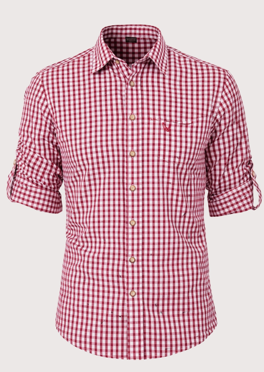Burgundy gingham Trachten shirt for men, premium cotton Bavarian shirt, red check Oktoberfest shirt, German traditional clothing, Alpine festival apparel, classic red plaid men's shirt.