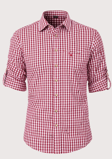 Burgundy gingham Trachten shirt for men, premium cotton Bavarian shirt, red check Oktoberfest shirt, German traditional clothing, Alpine festival apparel, classic red plaid men's shirt.